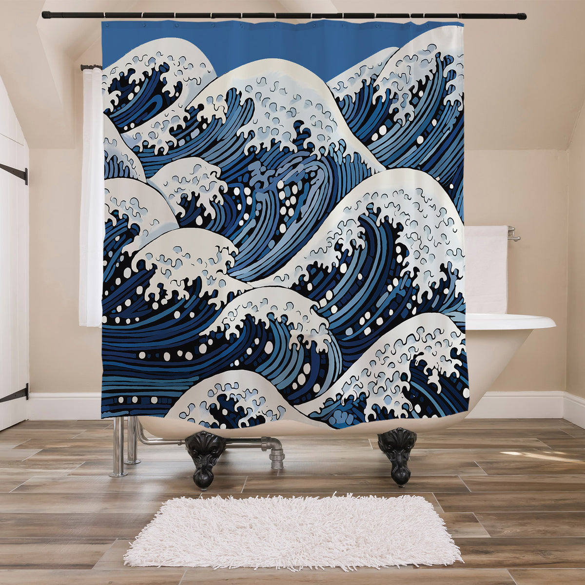 Feblilac Ukiyo-e Wave shower curtain in a modern bathroom with marble tile