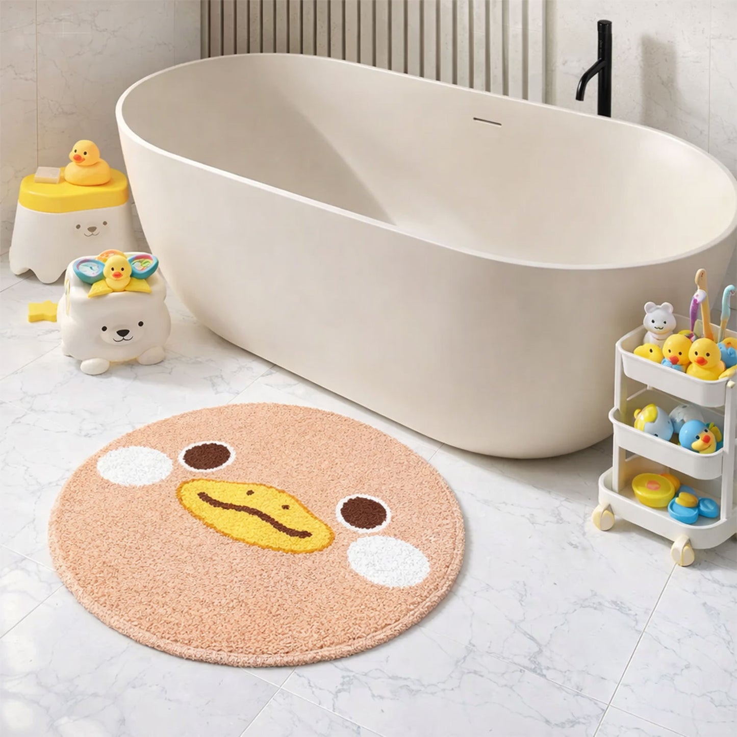 Feblilac Cute Duck Face Round Bath Mat – Soft Plush Kids Bathroom Rug, Non-Slip & Absorbent