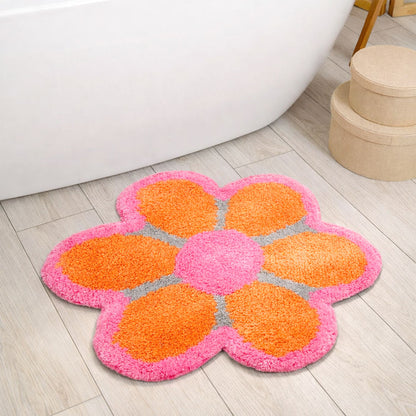 Feblilac Pink & Orange Flower Tufted Bath Mat – Soft Absorbent Non-Slip Rug