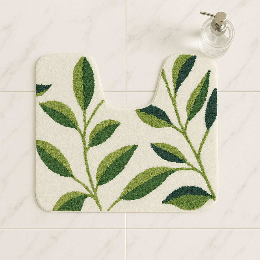 Feblilac Green Leaf Toilet Mat – Nature-Inspired U-Shaped Rug - view 3