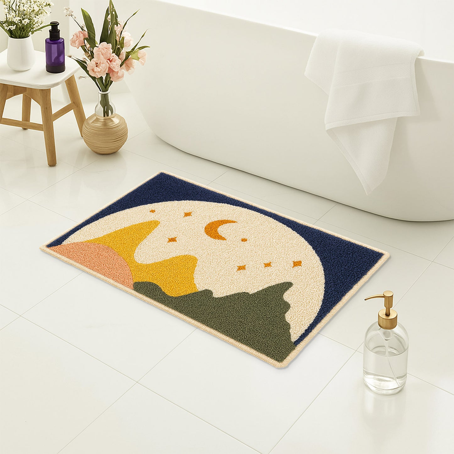 Feblilac Moon & Mountain Tufted Bath Mat – Soft Non-Slip Absorbent Bathroom Rug