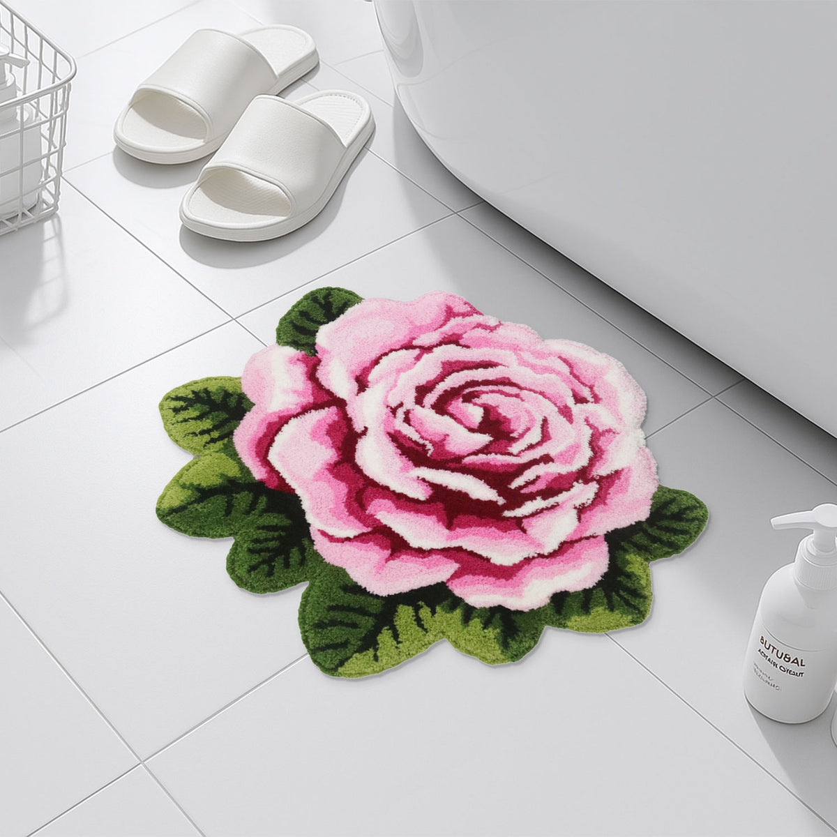 Feblilac Single Flower tufted bath mat on a wood floor next to a soaking tub