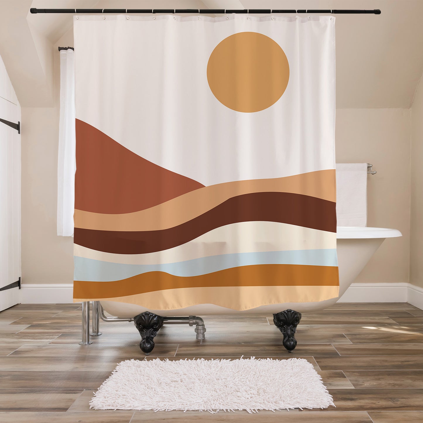 Feblilac Orange Mountains and Rivers Sunrise Shower Curtain with Hooks