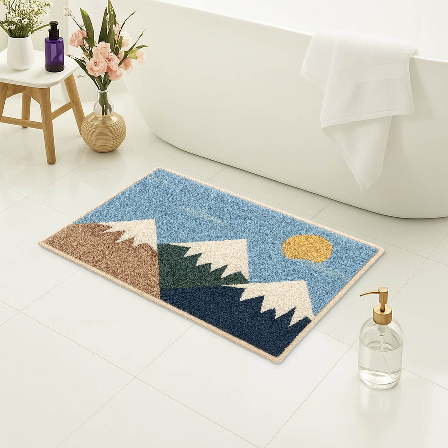 Feblilac Mountain Landscape Tufted Bath Mat – Non-Slip Absorbent Bathroom Rug for Modern Home Decor