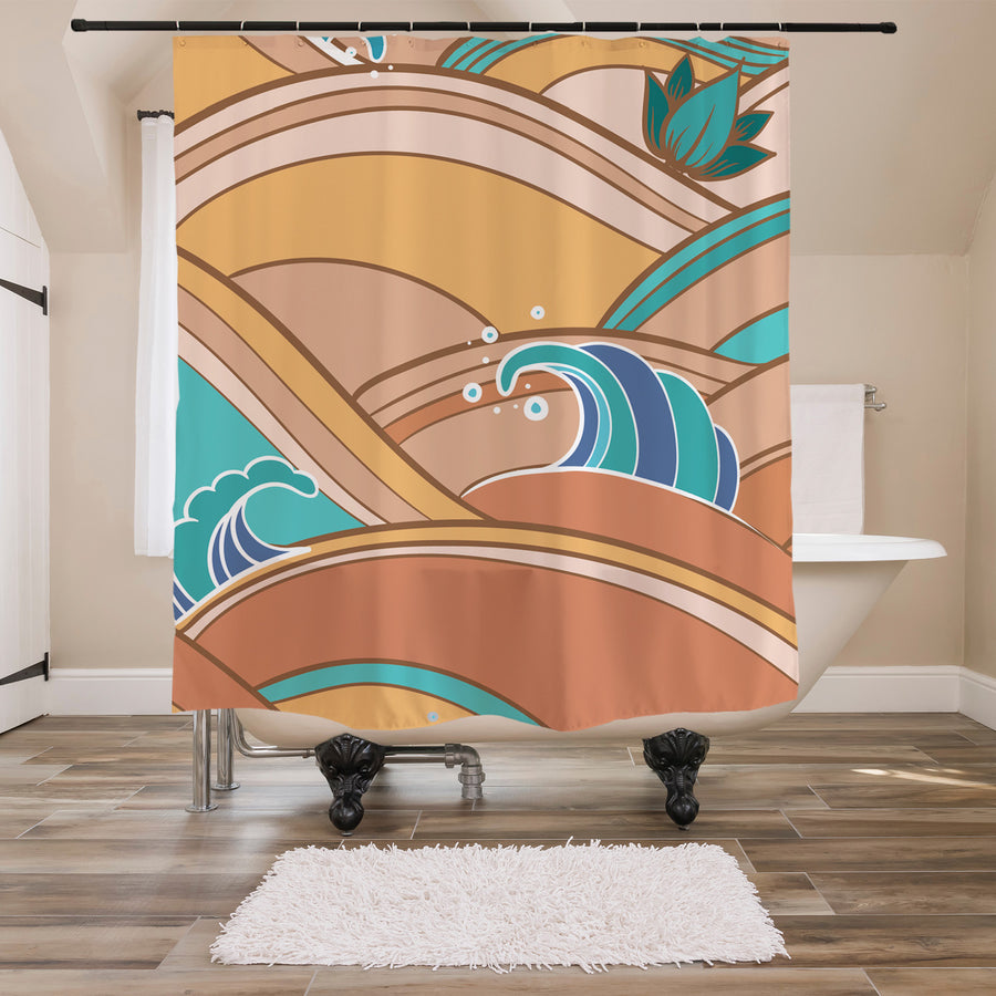 Feblilac Yellow and Blue Japanese Waves Shower Curtain with Hooks - view 3