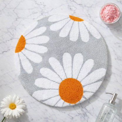 Feblilac Daisy Round Bath Mat | Floral Tufted Non-Slip Absorbent Rug