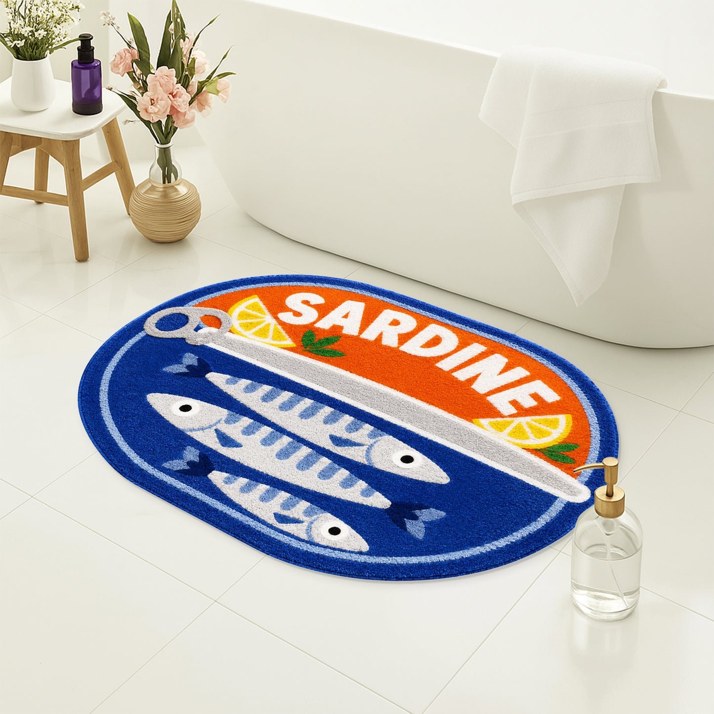 Feblilac Sardine Tin Tufted Bath Mat, Funny Fish Rug