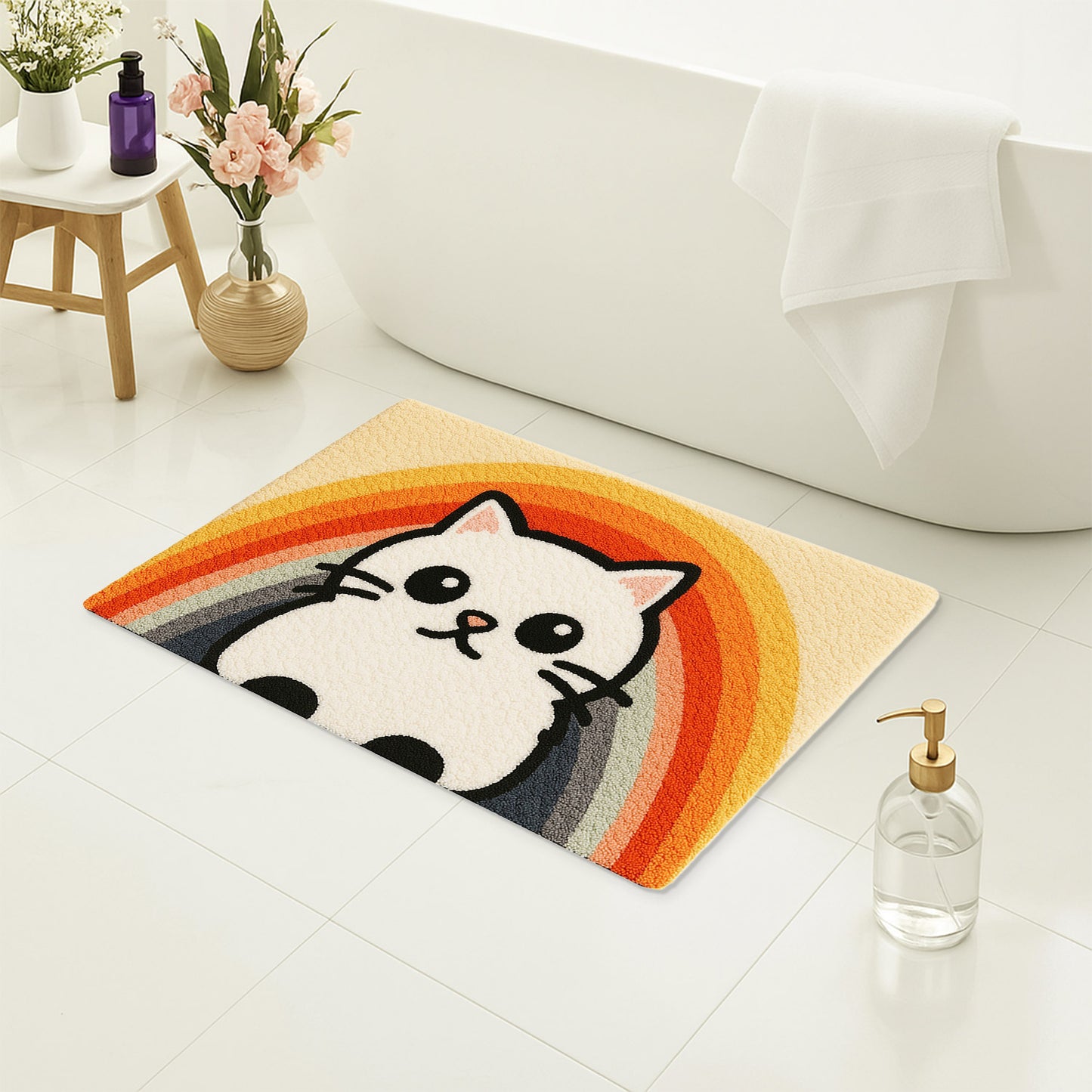 Feblilac Semicircular Rainbow Cat Tufted Bath Mat