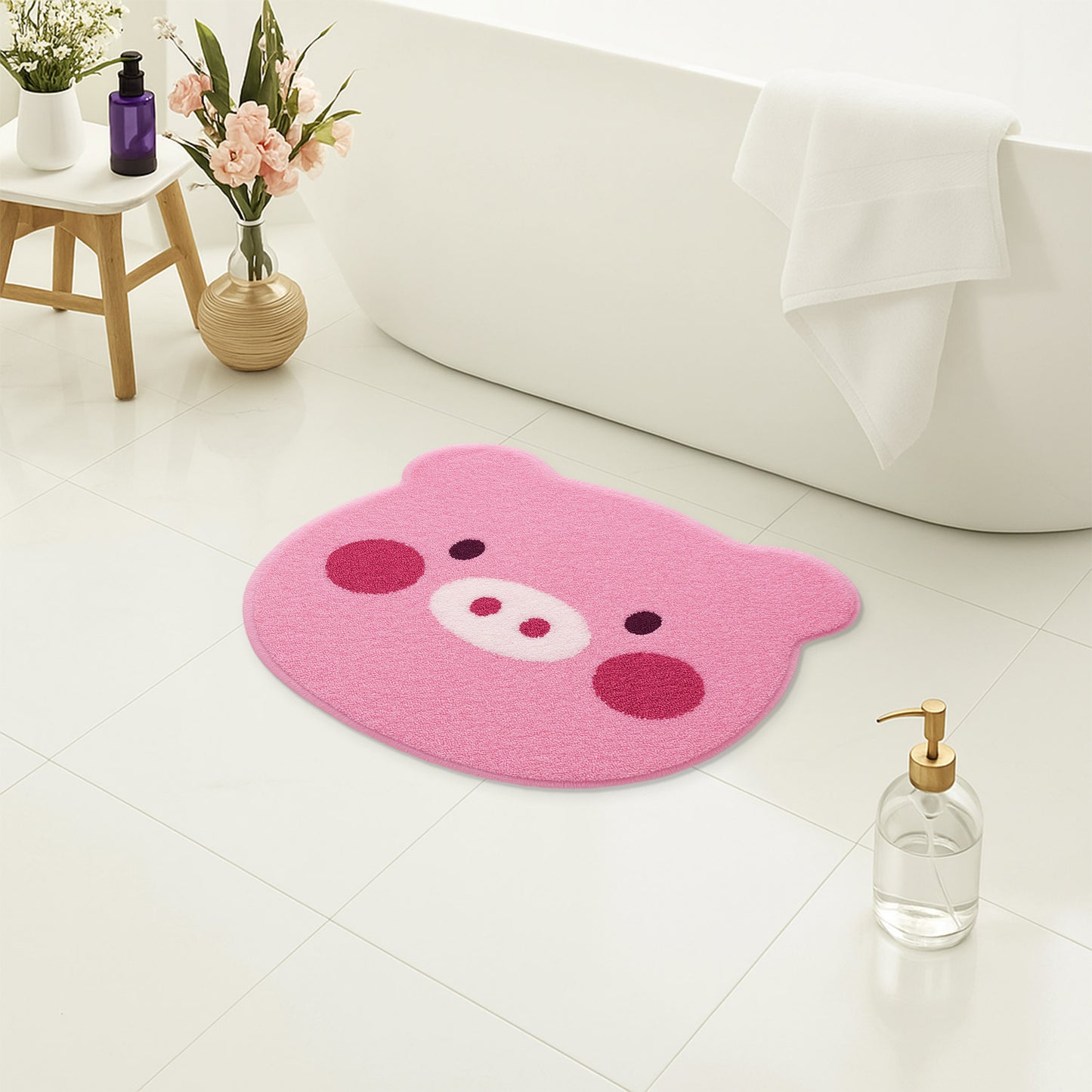 Feblilac Cute Piggy Bath Mat | Pink Kawaii Tufted Non-Slip Bathroom Rug