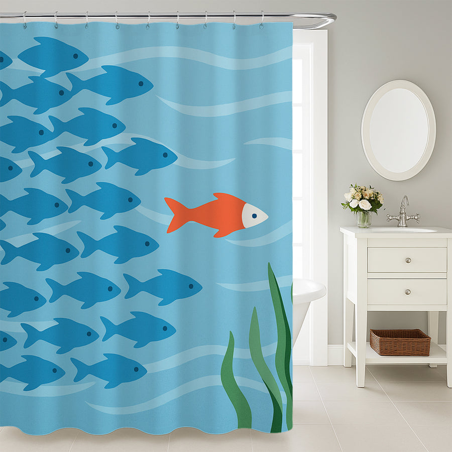Feblilac Fish Shower Curtain – Unique Blue & Orange Ocean Theme Bathroom Decor - view 3