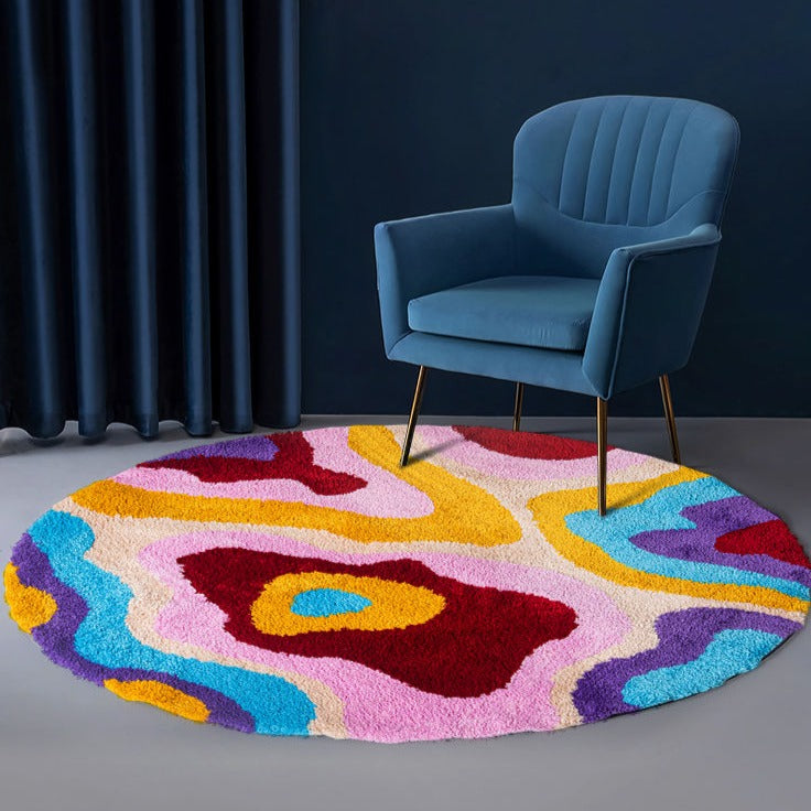 Feblilac Colorful Abstract Dizzy Area Rug, Round Wave Style Mat for Bedroom Bathroom