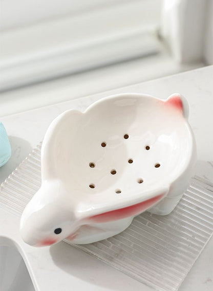 Feblilac Ceramic Soap Box Cartoon Cute Shy Rabbit Bathroom