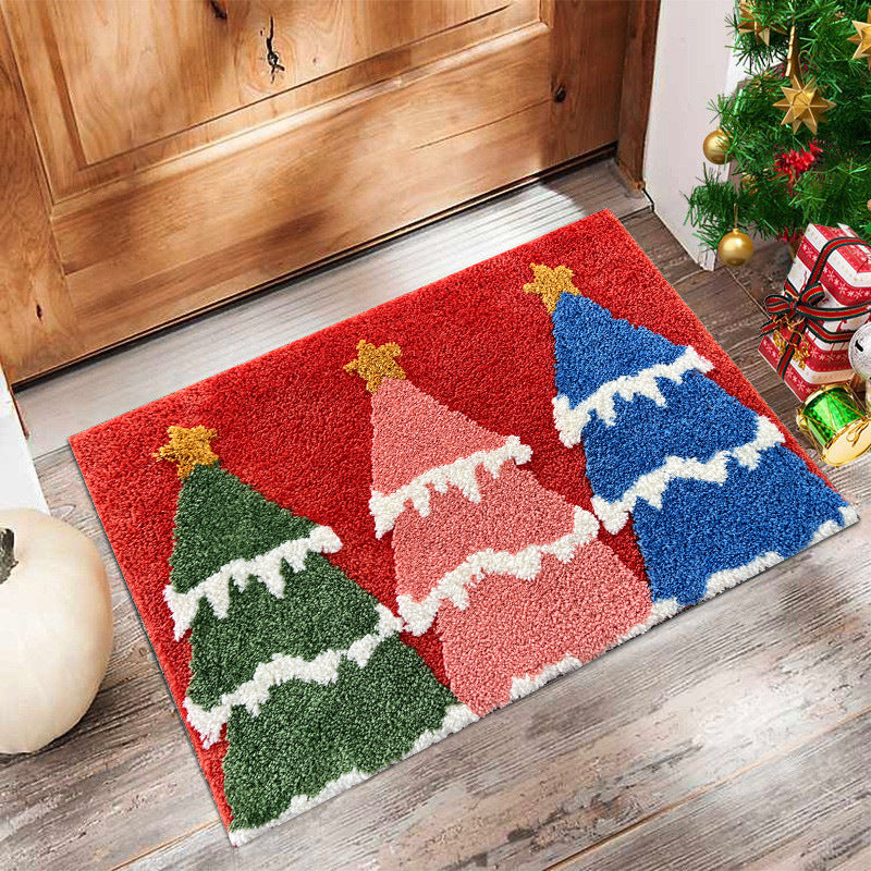 Feblilac Blue Red Green Christmas Tree Tufted Bath Mat