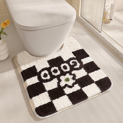 Feblilac Checkerboard and Flower Tufted Bath Mat U-shape Toilet Floor Mat