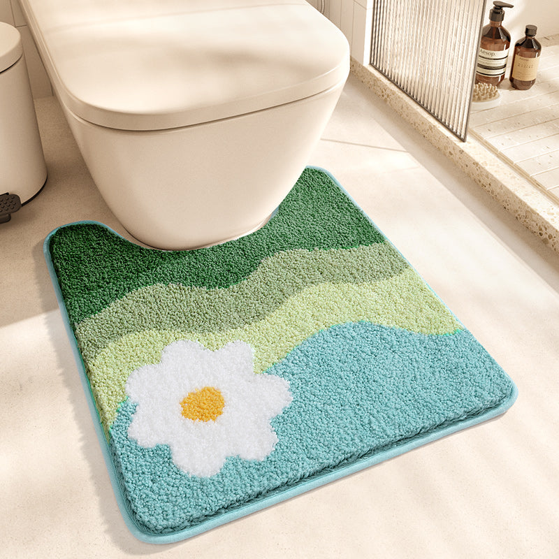 Feblilac Mountains and White Flower Tufted Bath Mat U-shape Toilet Floor Mat