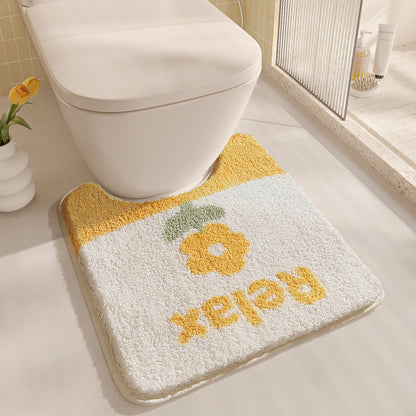 Feblilac Yellow Flowers Tufted Bath Mat U-shape Toilet Floor Mat