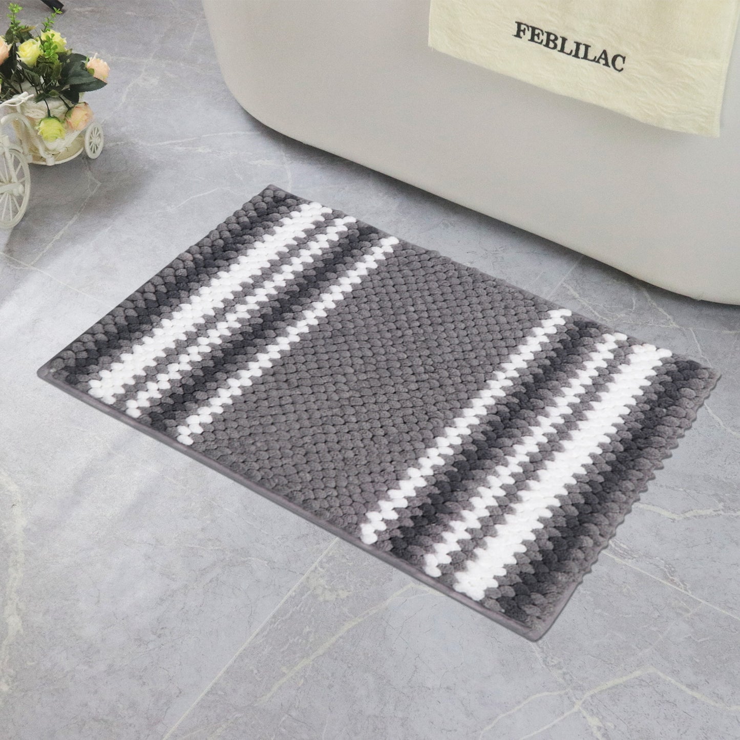 Feblilac Gray and White Chenille Non-Slip Microfiber Shag Bathroom Rug Mat