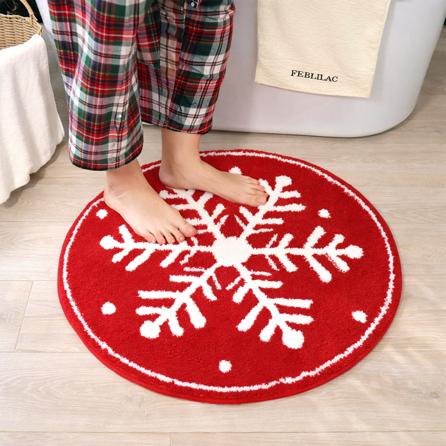 Feblilac Red background White Snowflakes Christmas style Tufted Bath Mat - view 4