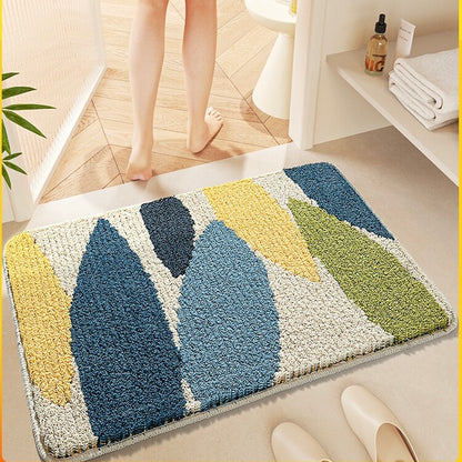 Feblilac Abstract Green Blue Yellow Leaves Bath Mat