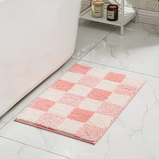 Feblilac Pink Checkerboard Bath Mat, Non-Slip Soft and Water-Absorbent