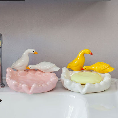 Feblilac Ceramic Soap Box Household Drain Soap Box Creative Duckling Bathroom