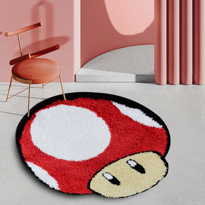 Cute Round Mushroom Bathroom Rug, Red White Mario Character Bath Mat