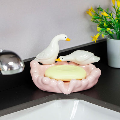 Feblilac Ceramic Soap Box Household Drain Soap Box Creative Duckling Bathroom