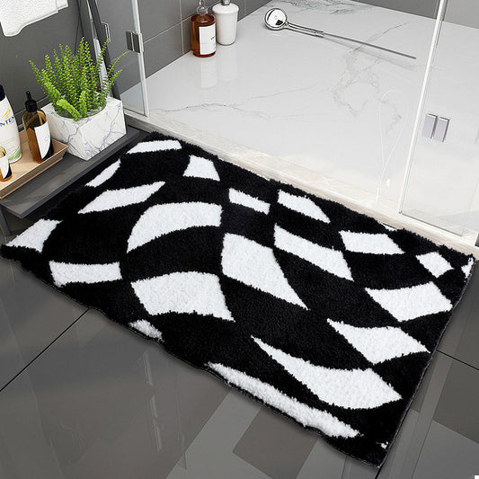 Feblilac Black and White Checkerboard Bath Mat, Abstract Curly Mat Rug