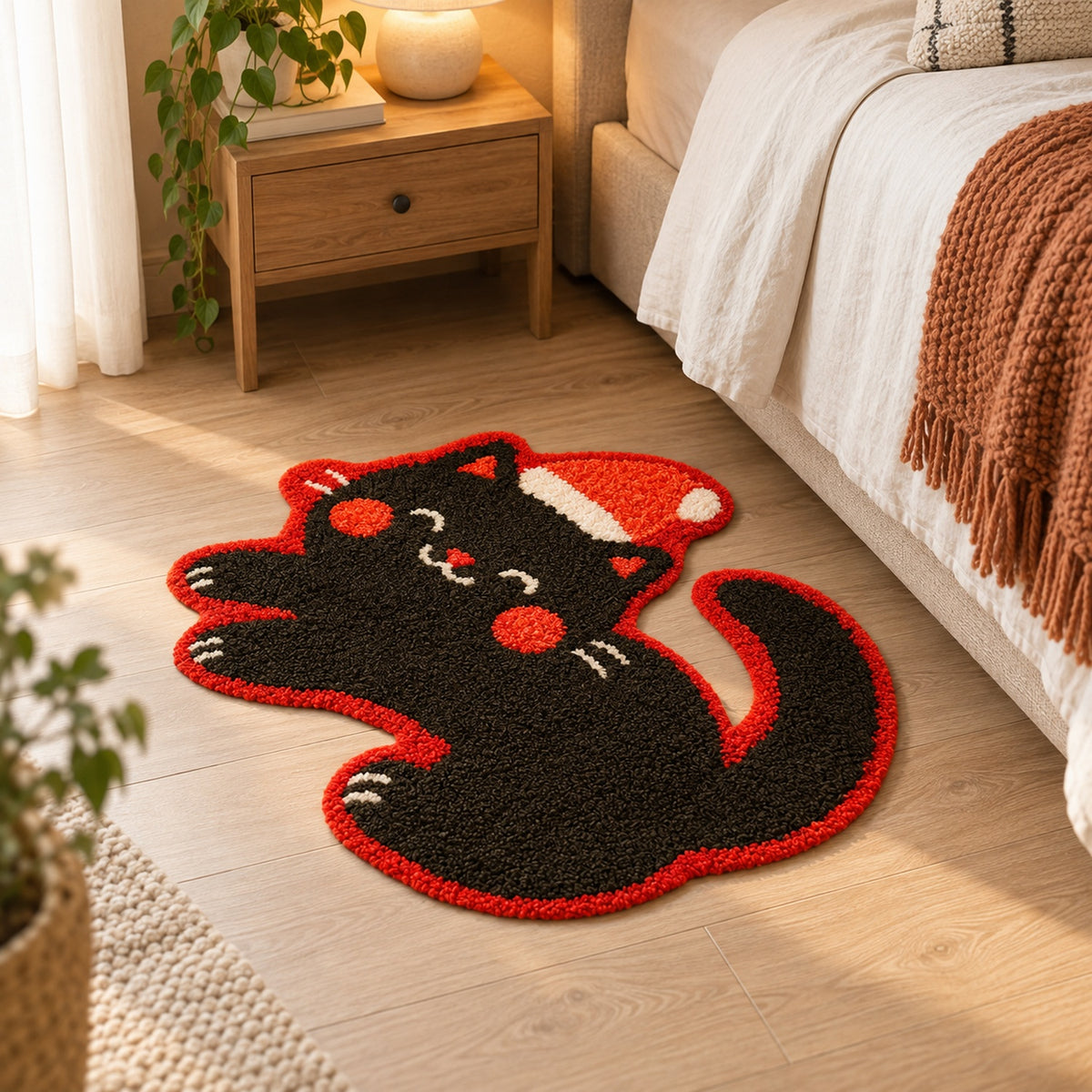 Feblilac Christmas Cat tufted bath mat in a sunny bathroom with a potted plant