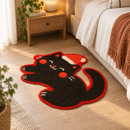 Feblilac Christmas Cat tufted bath mat in a sunny bathroom with a potted plant
