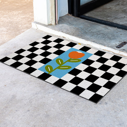 Feblilac Black and White Checkerboard Tulips PVC Coil Door Mat