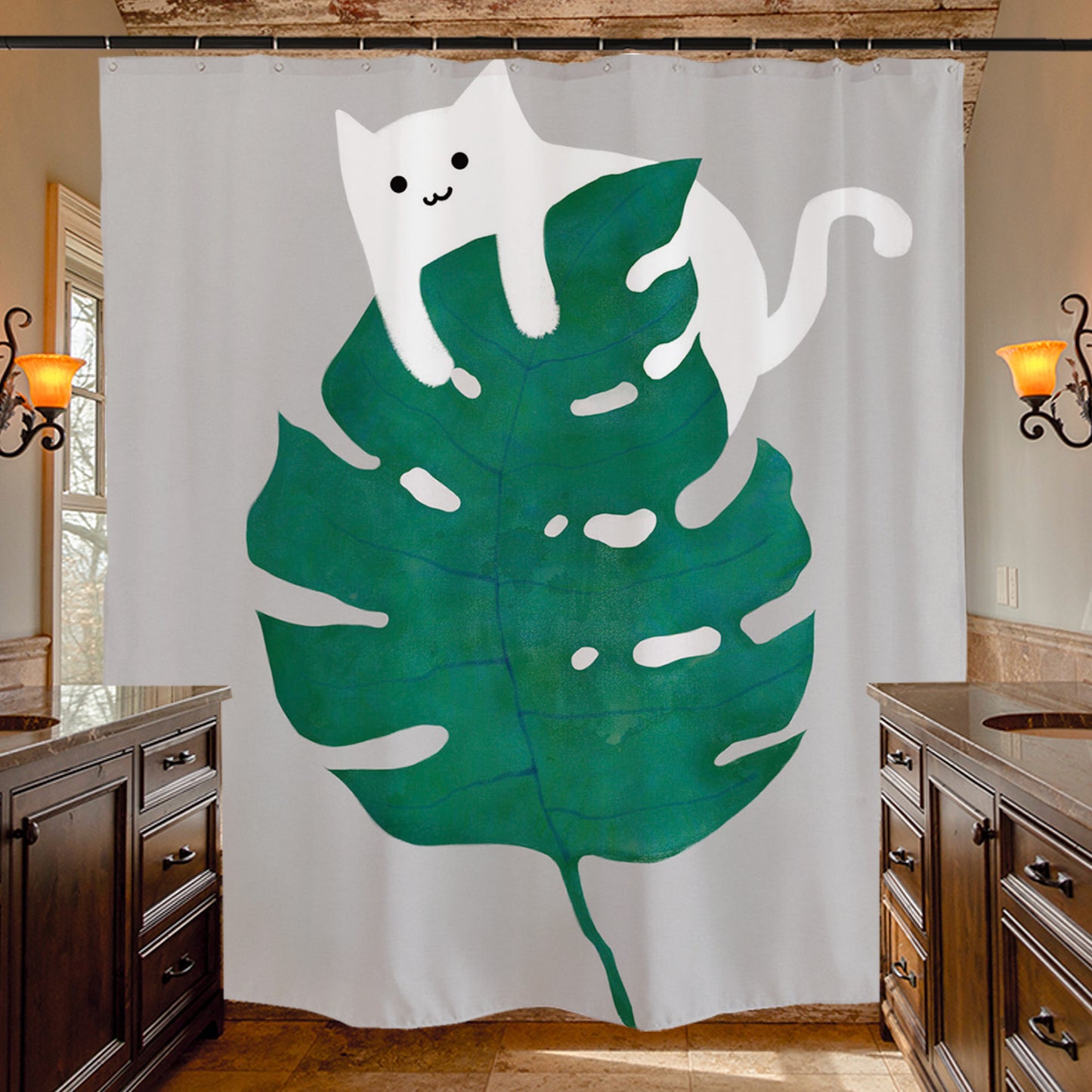 Feblilac Cat and Monstera Shower Curtain with Hooks