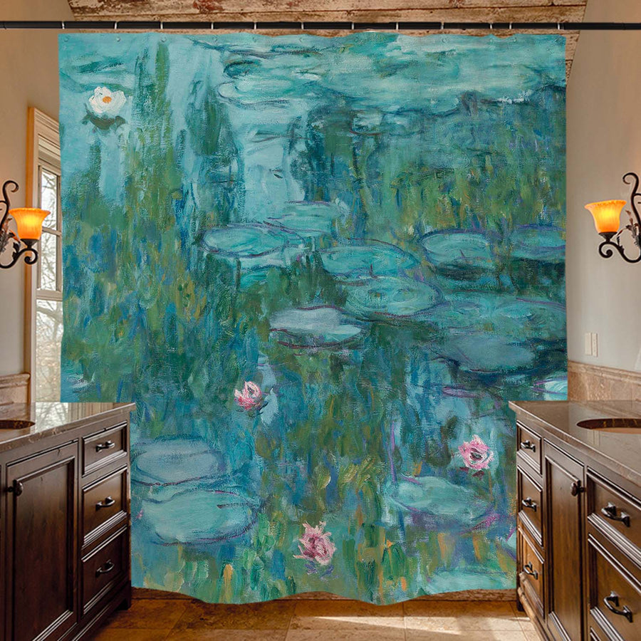 Feblilac Oil Painting Water Lily Shower Curtain with Hooks - view 4