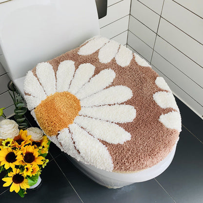 Feblilac Brown Daisy Bath Mat Set, Flower Floral Bathroom Rug Set, Toilet Cover Mat - view 4