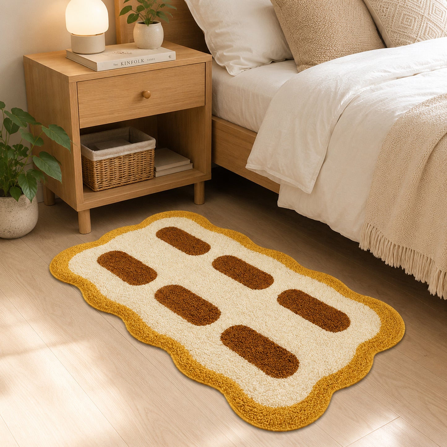 Feblilac Wavy Tufted Bath Mat – Mustard Yellow and Cream Accent Rug
