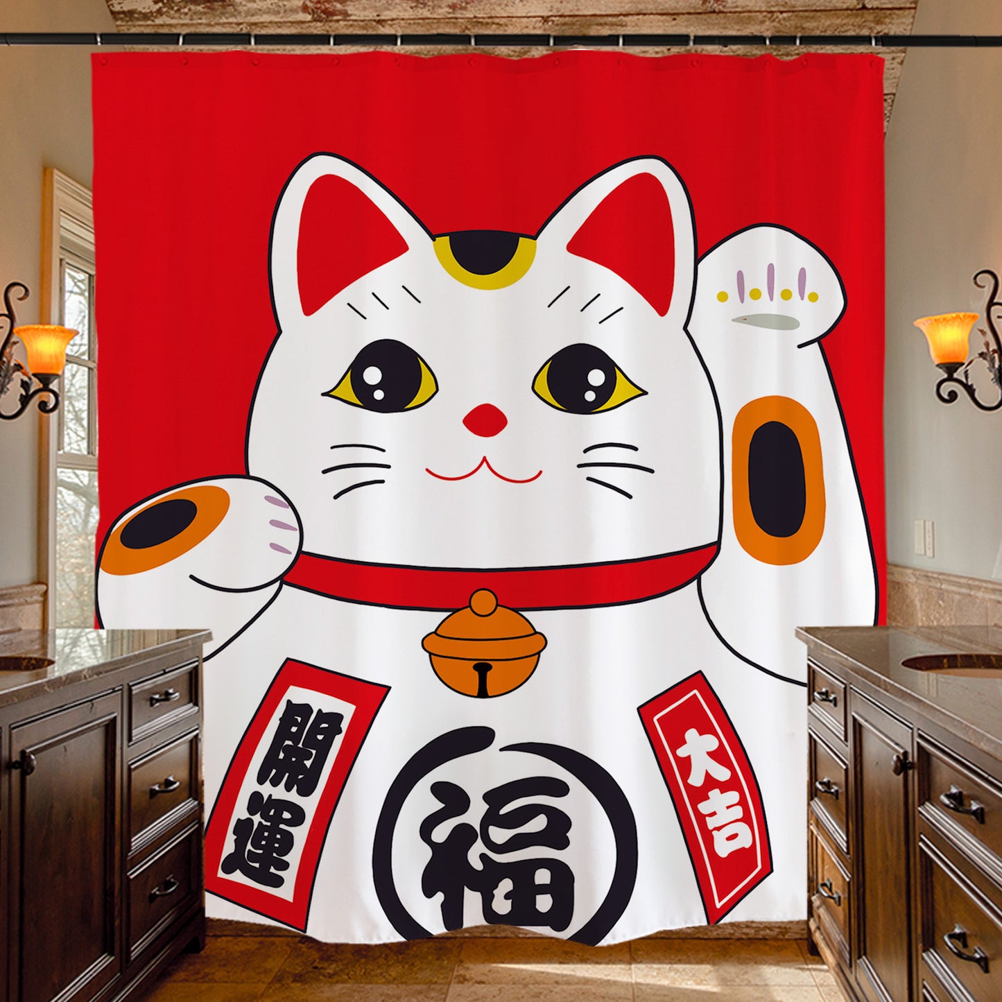 Feblilac Red Lucky Cat Shower Curtain with Hooks