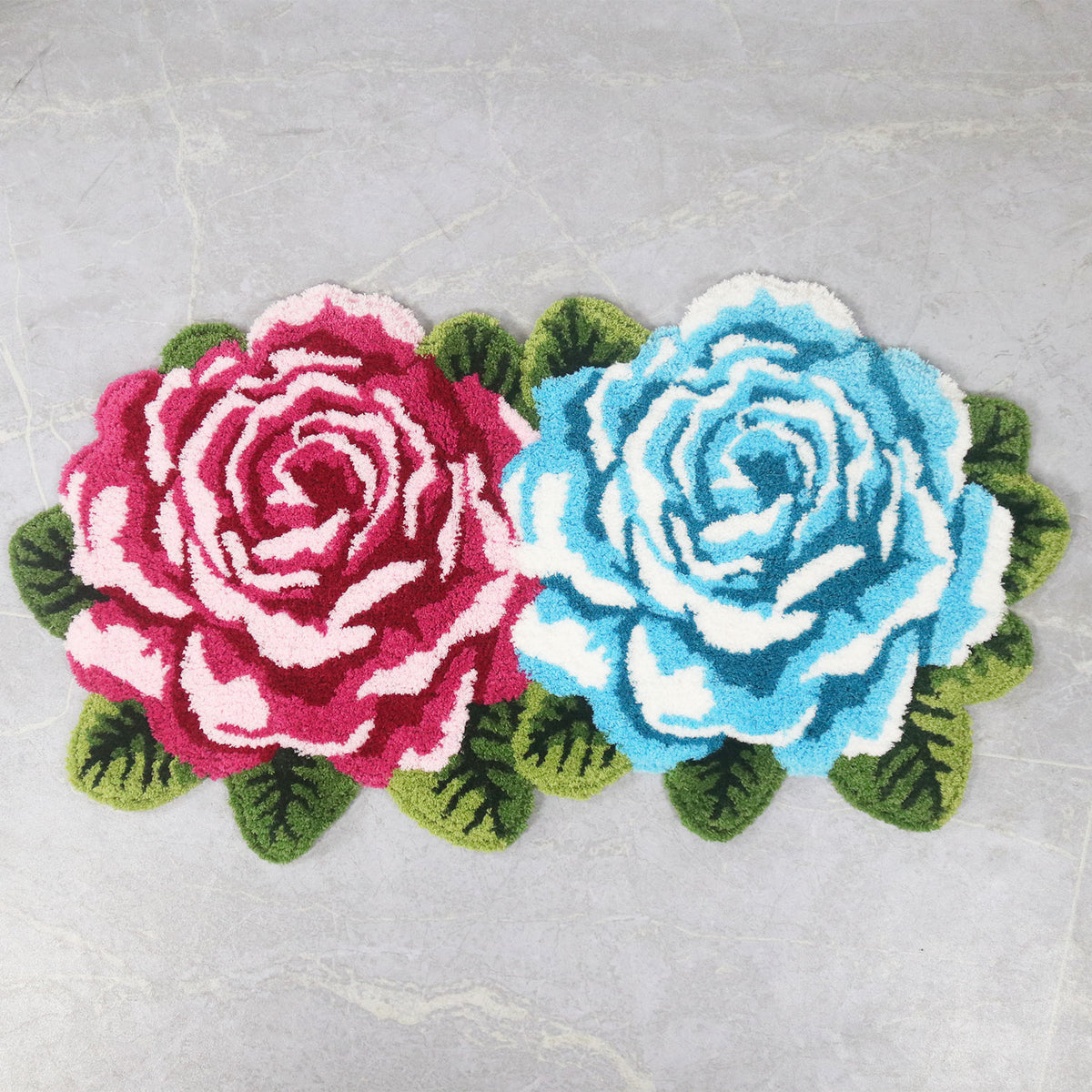 Feblilac Two Flowers tufted bath mat in a sunny bathroom with a potted plant