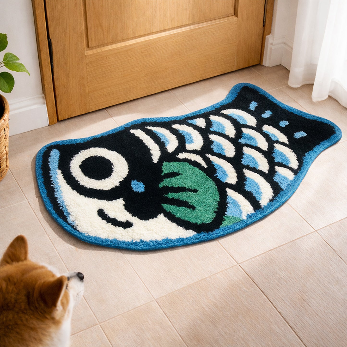 Feblilac Blue Fish-Shaped Tufted Bath Mat, Black Green