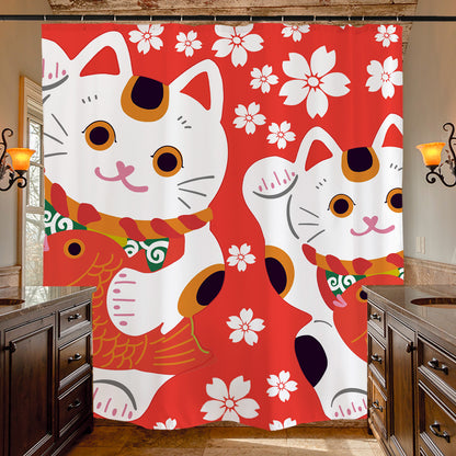 Feblilac Red Background White Sakura Lucky Cat Shower Curtain with Hooks