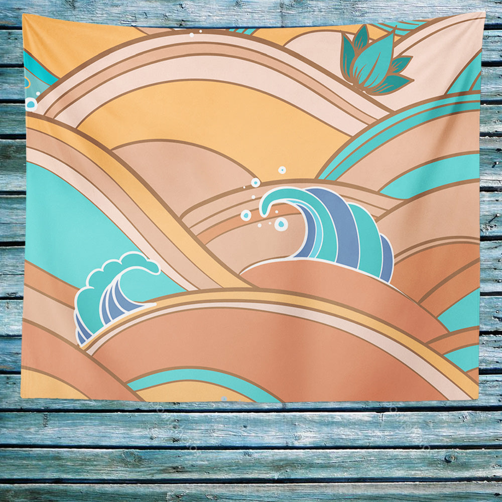 Feblilac Yellow and Blue Japanese Waves Tapestry