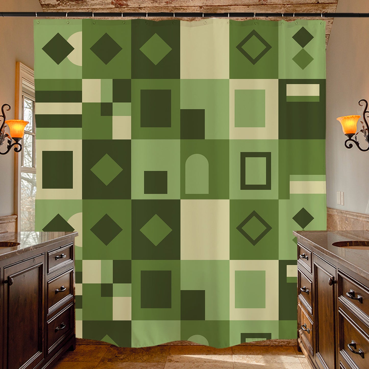 Feblilac Green Geometric Grid Shower Curtain with Hooks