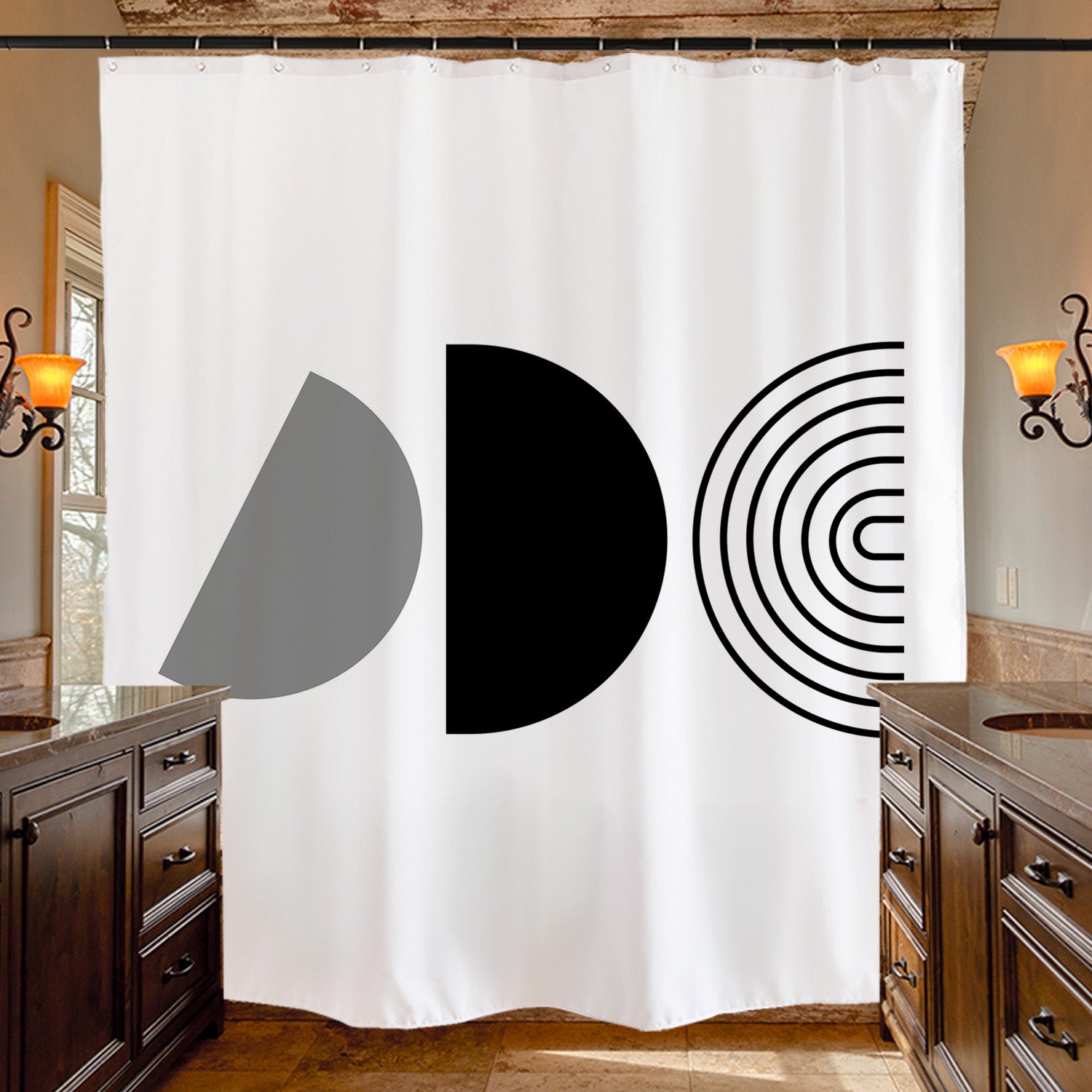 Feblilac Black and White Line Semicircle Shower Curtain with Hooks