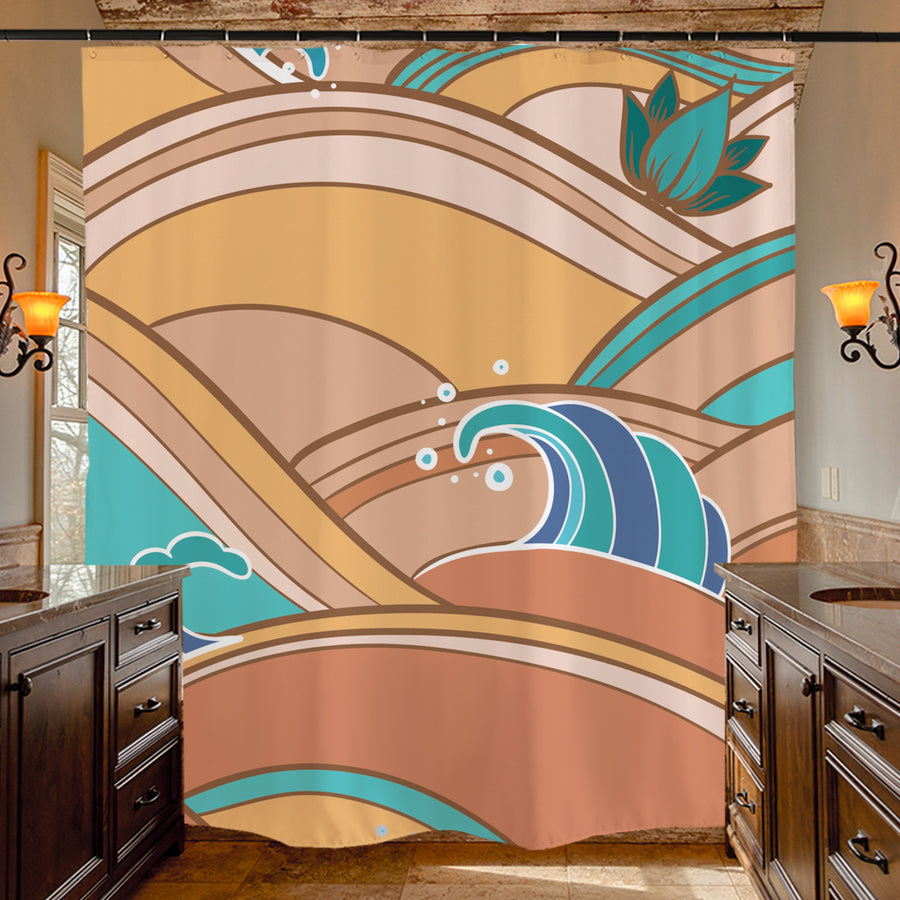 Feblilac Yellow and Blue Japanese Waves Shower Curtain with Hooks - view 4
