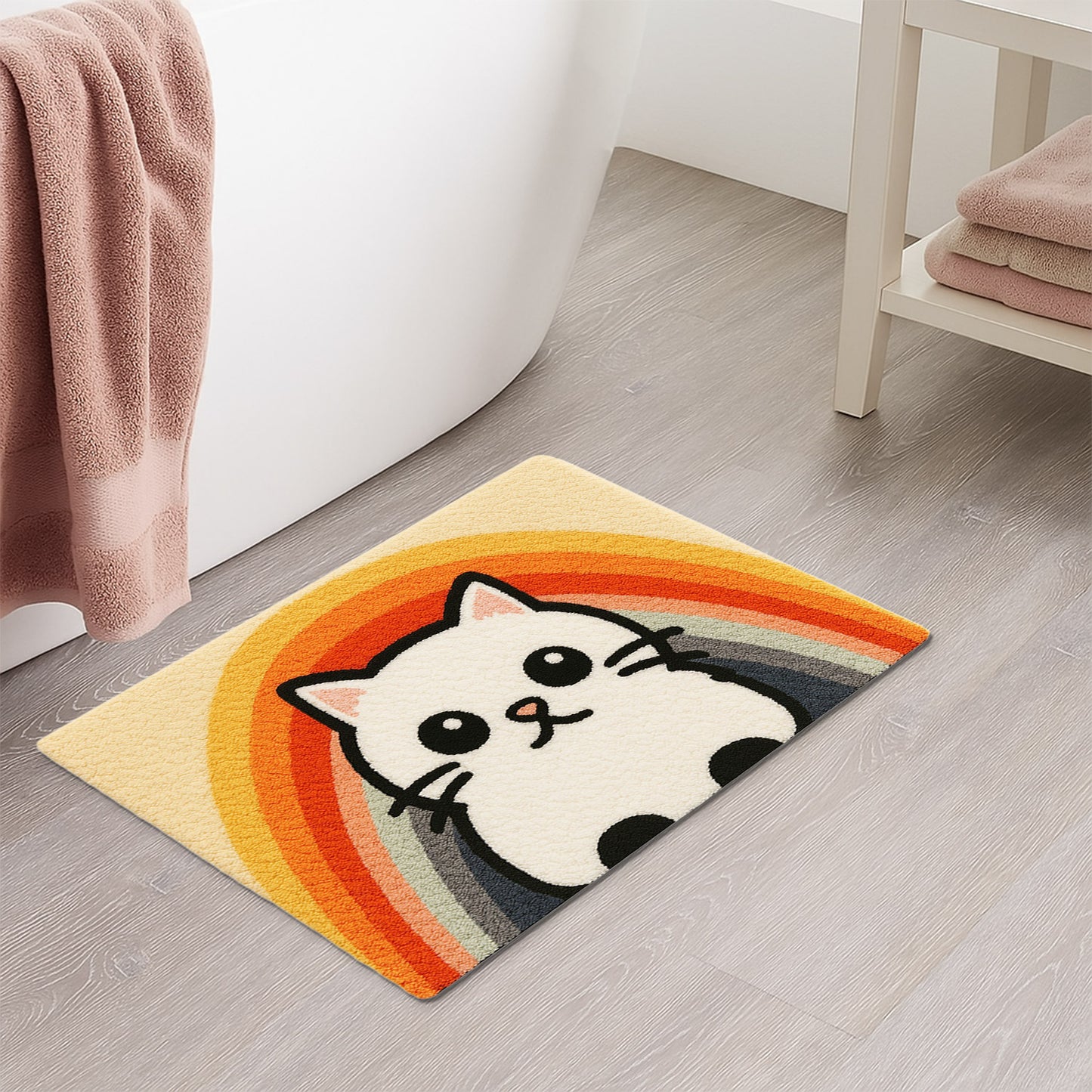 Feblilac Semicircular Rainbow Cat Tufted Bath Mat