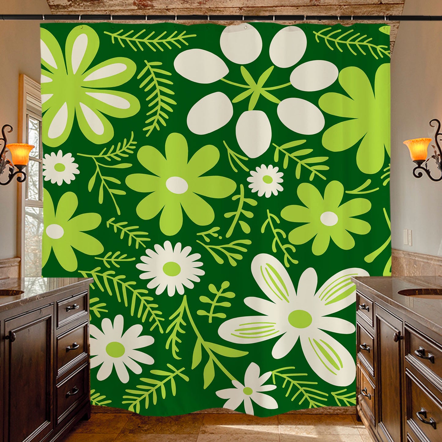 Feblilac Green Flowers Shower Curtain with Hooks