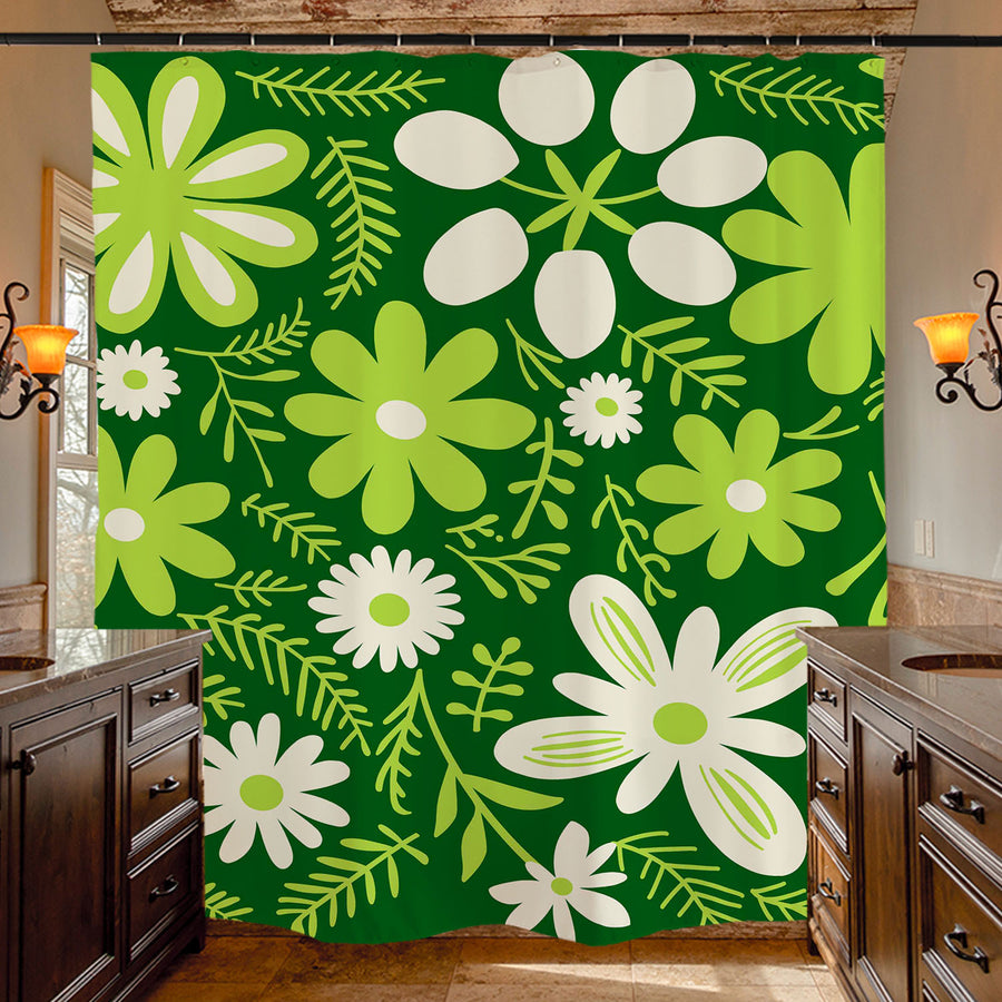 Feblilac Green Flowers Shower Curtain with Hooks - view 4