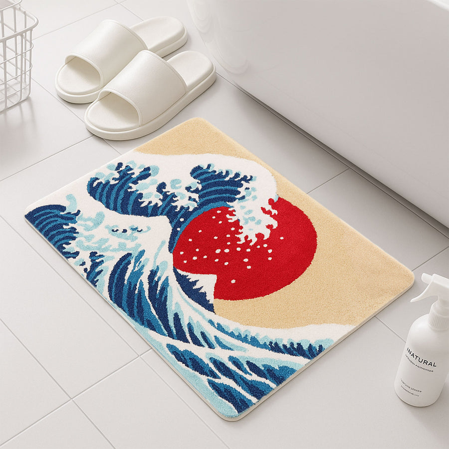 Feblilac Japanese Wave Rectangular Bath Mat – Soft Tufted Rug with Red Sun for Bathroom or Entryway