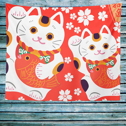 Feblilac Red Background White Sakura Lucky Cat Tapestry