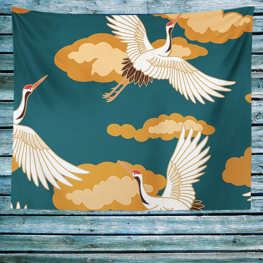 Feblilac Blue Background Crane Tapestry - view 4