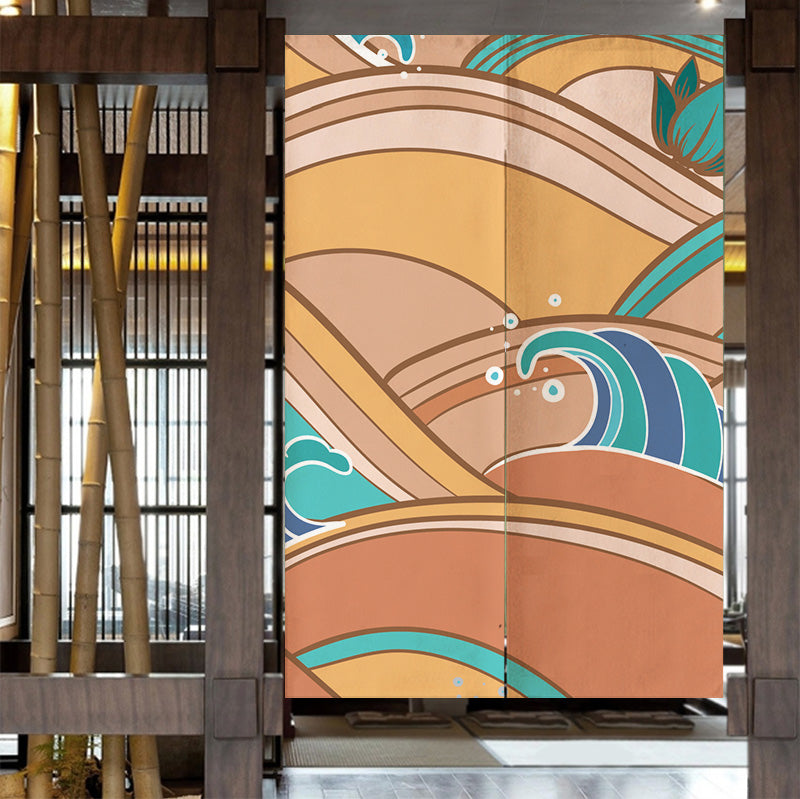 Feblilac Yellow and Blue Japanese Waves Door Curtain - view 4